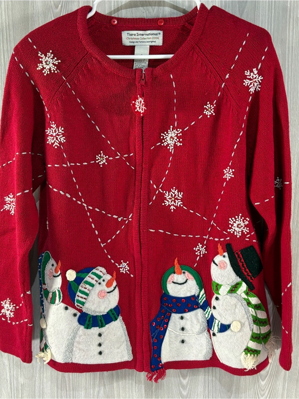 Tiara International Christmas Red Snowman Embroidered Sweater Cardigan Small